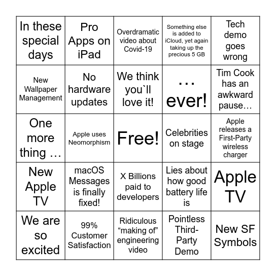 QM Bingo - WWDC 2020 Bingo Card