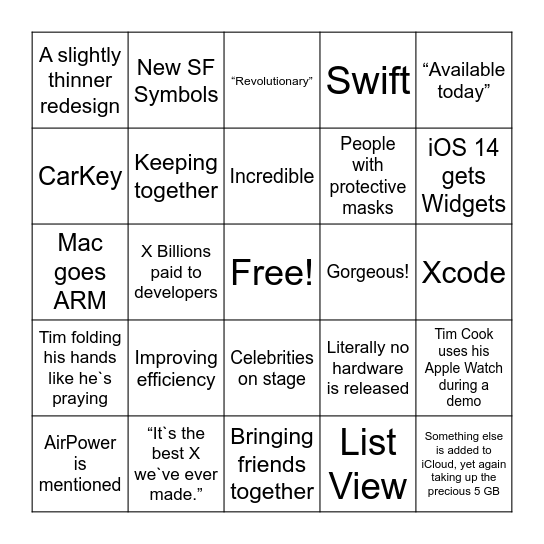 QM Bingo - WWDC 2020 Bingo Card