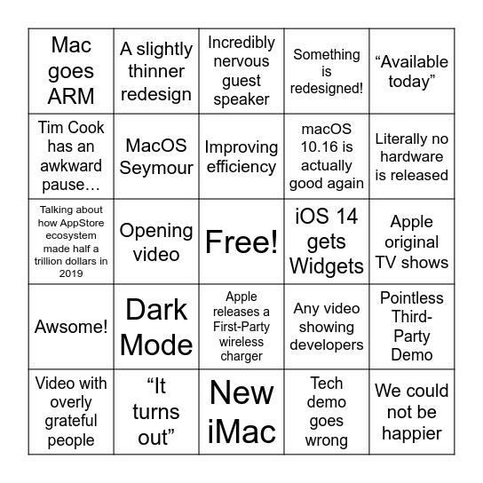 QM Bingo - WWDC 2020 Bingo Card