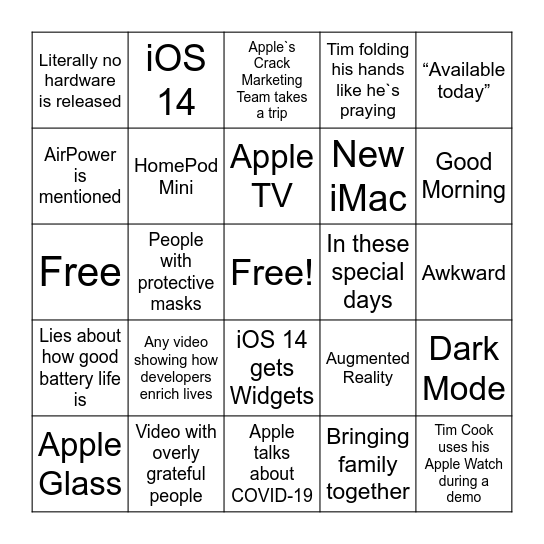 QM Bingo - WWDC 2020 Bingo Card