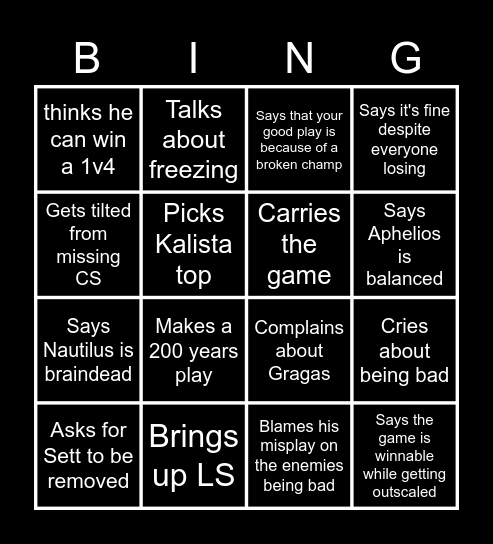 Nim playing League of Legends Bingo Card