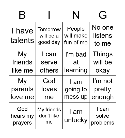 Positive and Negative Thoughts Bingo Card