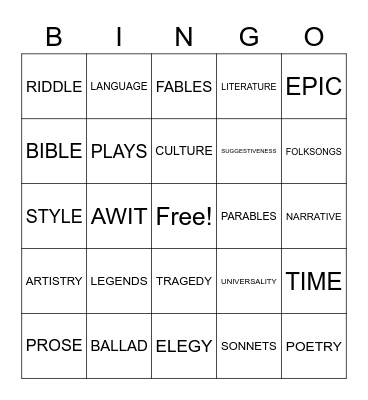 INTRODUCTION TO LITERATURE Bingo Card
