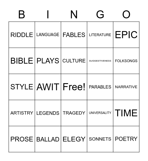 INTRODUCTION TO LITERATURE Bingo Card