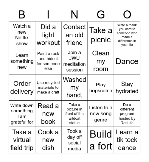 Physical Distancing Bingo Card