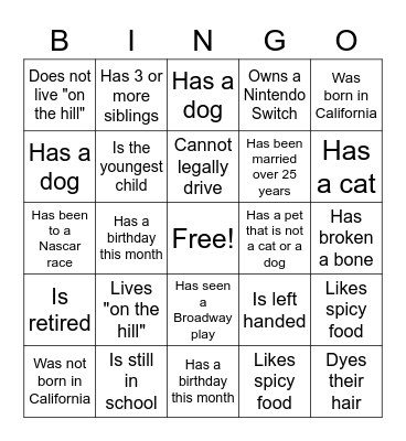 What do we have in common? Bingo Card