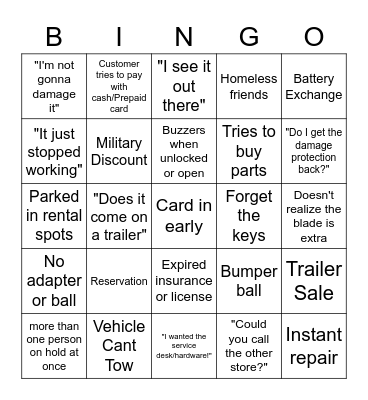 Tool rental customer bingo Card