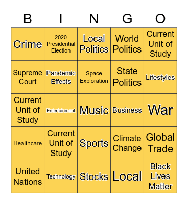 7th Grade Current Events Bingo Card