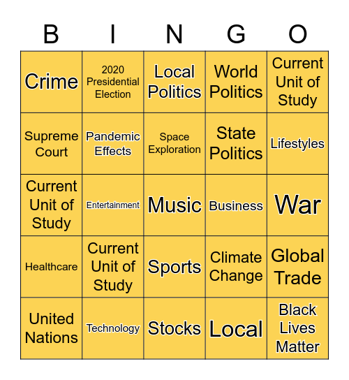 7th Grade Current Events Bingo Card