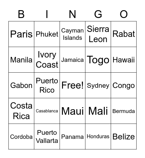 Hammond Family Travel Bingo Card