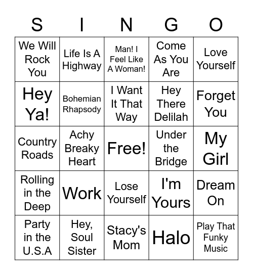 SINGO Bingo Card