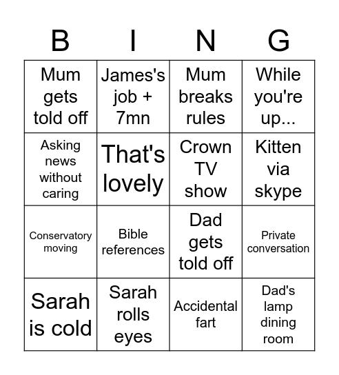 Family meeting Bingo Card