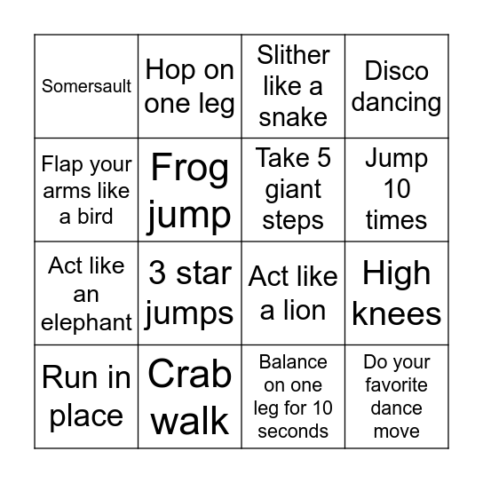 Movement Bingo Card