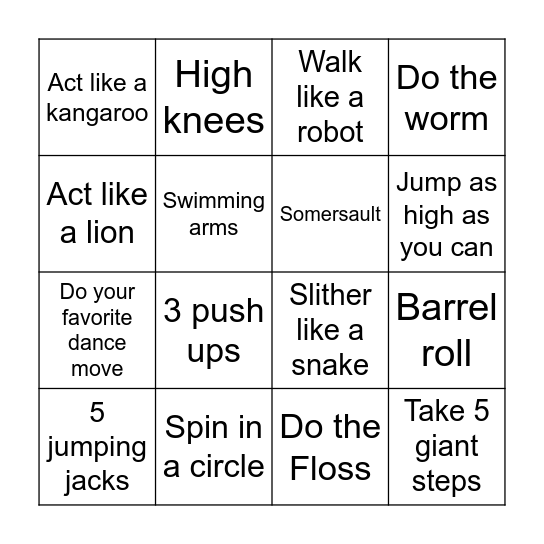 Movement Bingo Card