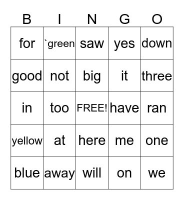 Dolch Sight Words PPII Bingo Card