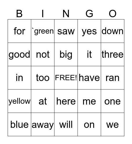 Dolch Sight Words PPII Bingo Card