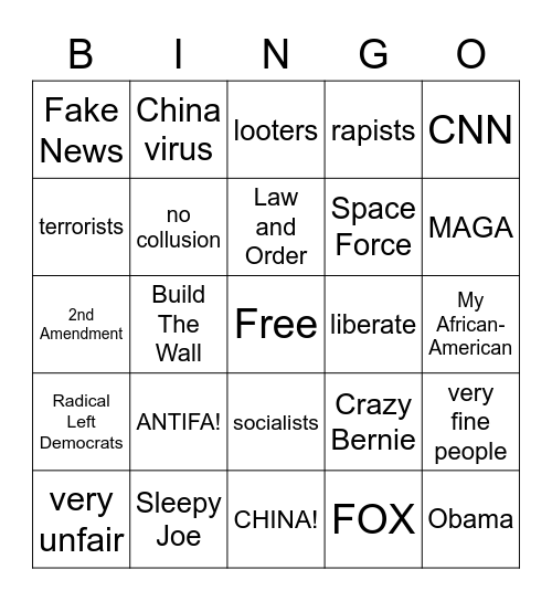 Trump Tulsa Rally 2020 Bingo Card