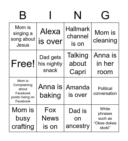 Davis House Bingo Card