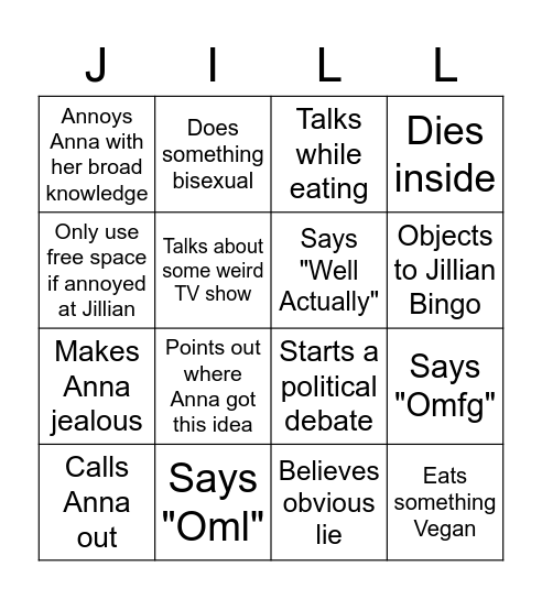 Jillian Bingo Card
