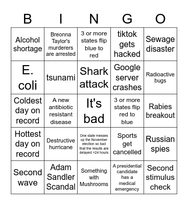 Second Half of 2020 Bingo Card
