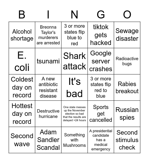 Second Half of 2020 Bingo Card