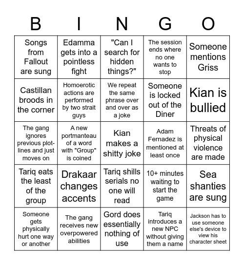 Tari&D Bingo Card