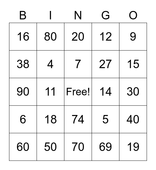NUMBERS Bingo Card