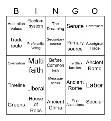 Year 7 Hums Semester 1 Bingo Card