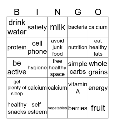 Healthy Teens Bingo Card