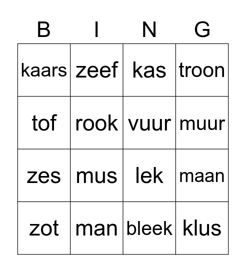 korte - lange klanken Bingo Card