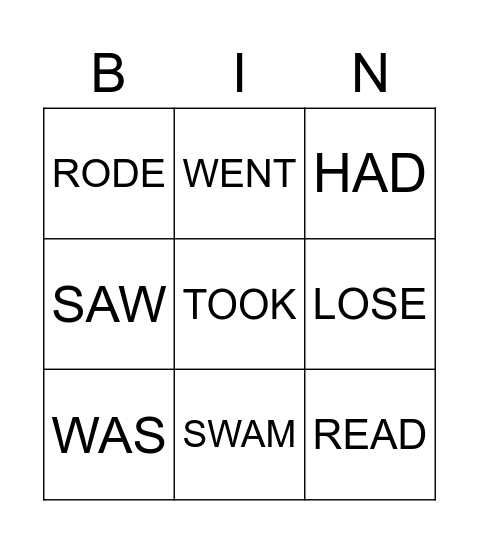 IRREGULAR VERBS BINGO Card