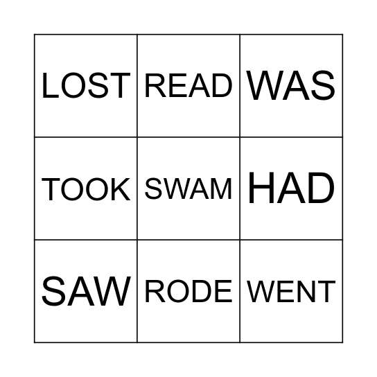 IRREGULAR VERBS BINGO Card