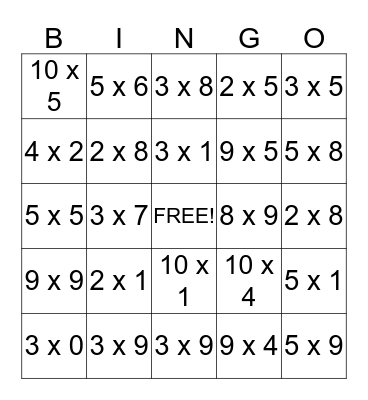 Multiplication Bingo! Bingo Card