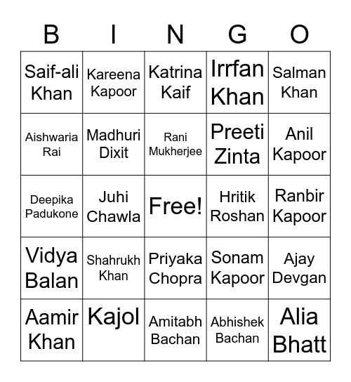 Bollywood Actors/Actresses Bingo Card