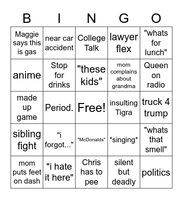 Family Car Ride Bingo Card