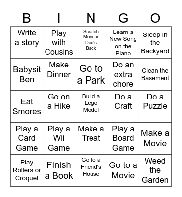 Summer Activities - June Bingo Card