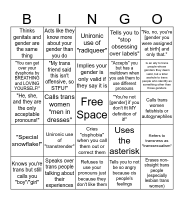 Transphobe Bingo Card