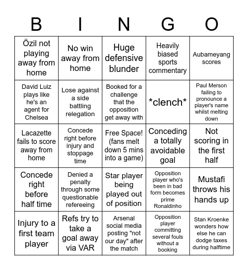 Arsenal Bingo Card