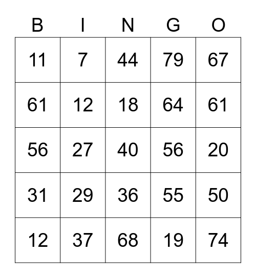 Number Bingo 190 Bingo Card