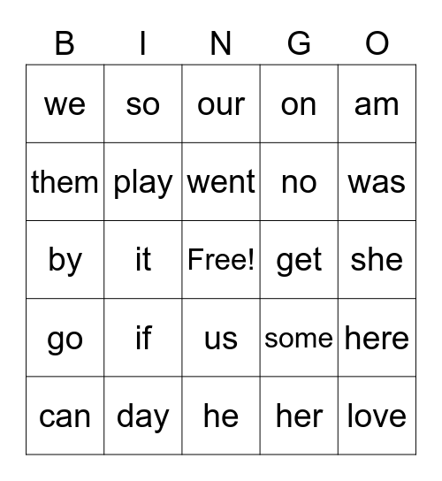 Sight Word Bingo Card