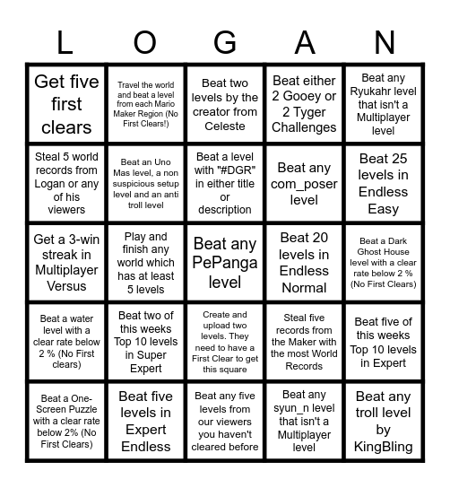 Logan's Streamversery Bingo Card