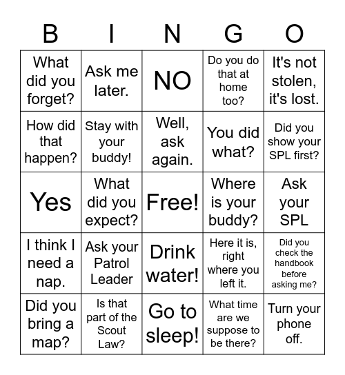 Things a Scoutmaster Says Bingo Card