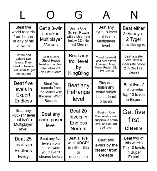 Logan's Streamversery Bingo Card