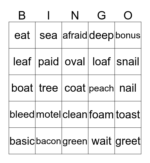 Open Syllable, ea, oa, ai, ee Bingo Card