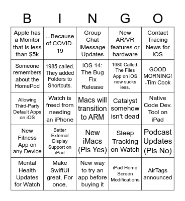WWDC 2020 Bingo Card