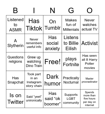 Gen Z bingo Card