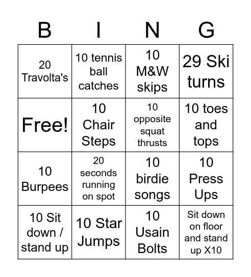 4.4 Class PE Bingo Card