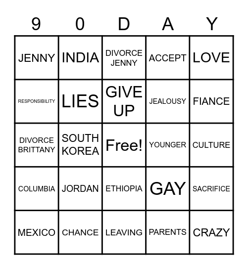 90 DAY THE OTHER WAY Bingo Card