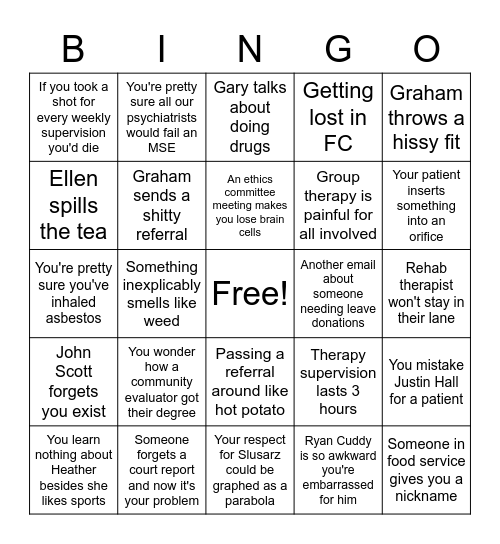 FSH Internship Bingo Card