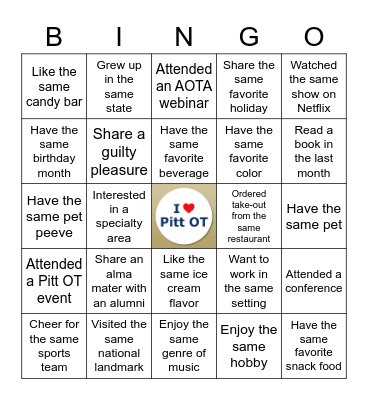 Pitt OT Happy Hour Bingo Card